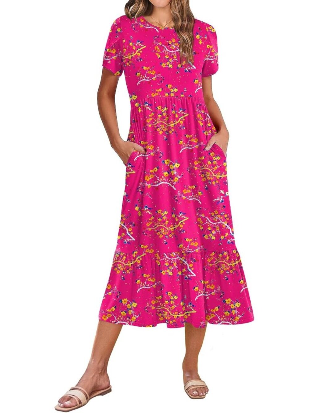 Summer Midi A-Line Dress for Women | Casual Flowy Tiered Sundress with Pockets